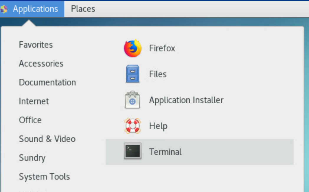 Screenshot of CentOS applications menu