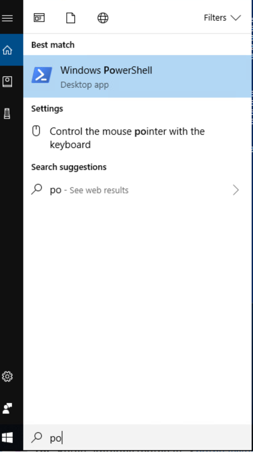 Screenshot of Windows Start Menu with search for &quot;po&quot;