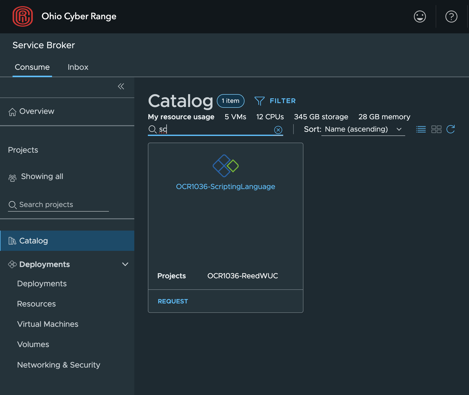 Screenshot of Sandbox Catalog page for IT3038C