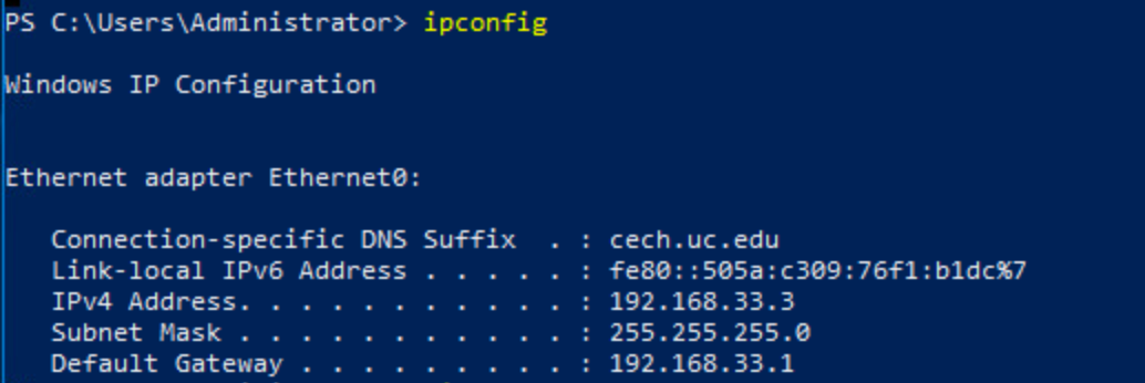 Screenshot of result of ipconfig command