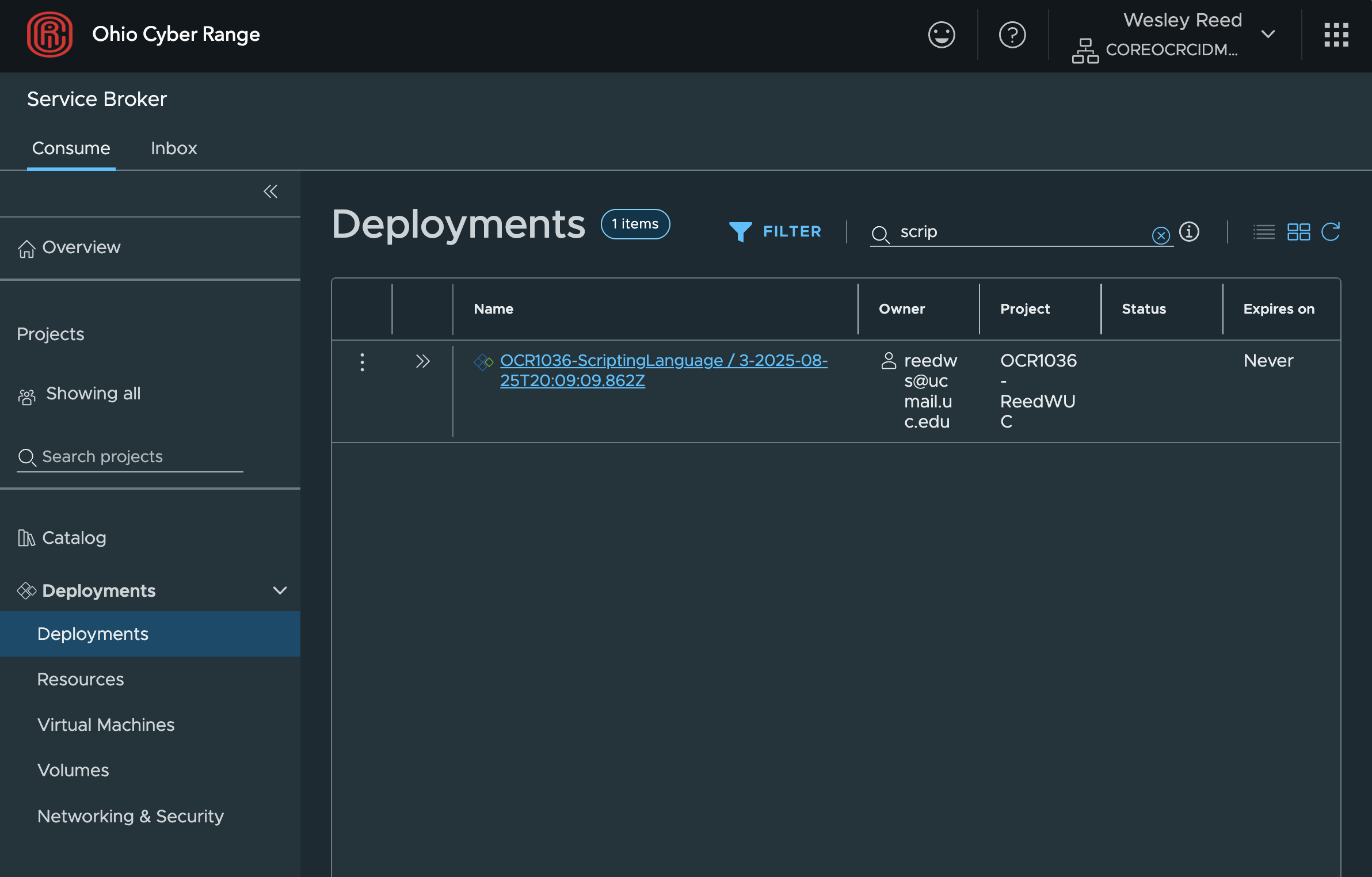 Screenshot of Sandbox Deployments page for IT3038C
