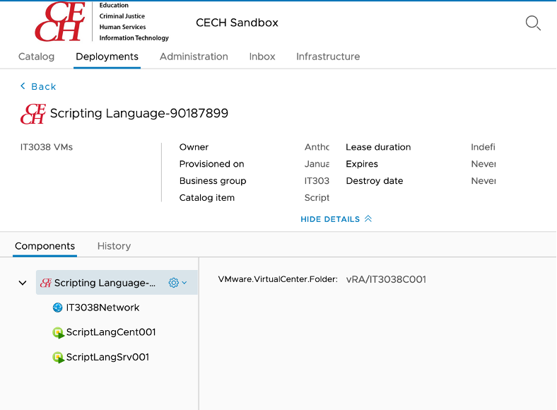 Screenshot of Sandbox Deployments page for IT3038C