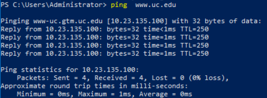 Screenshot of result of ping command for uc.edu