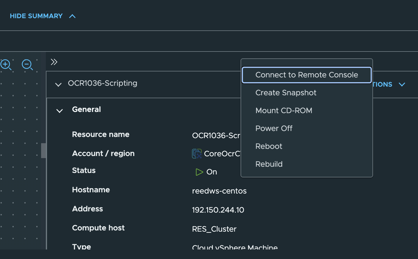 Screenshot of Sandbox connect to console dropdown for CentOS
